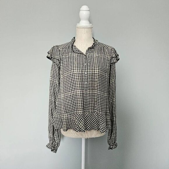 Faherty Sandia Gingham Check Ruffle Blouse Size Small in Black/Cream - Picture 1 of 7